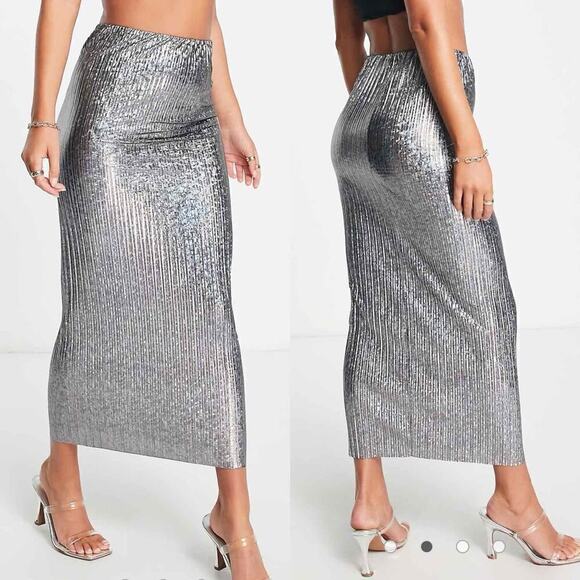 Topshop Pleated Holographic Silver Pull On Midi Skirt Size US 6 Elastic Waist - Picture 1 of 8